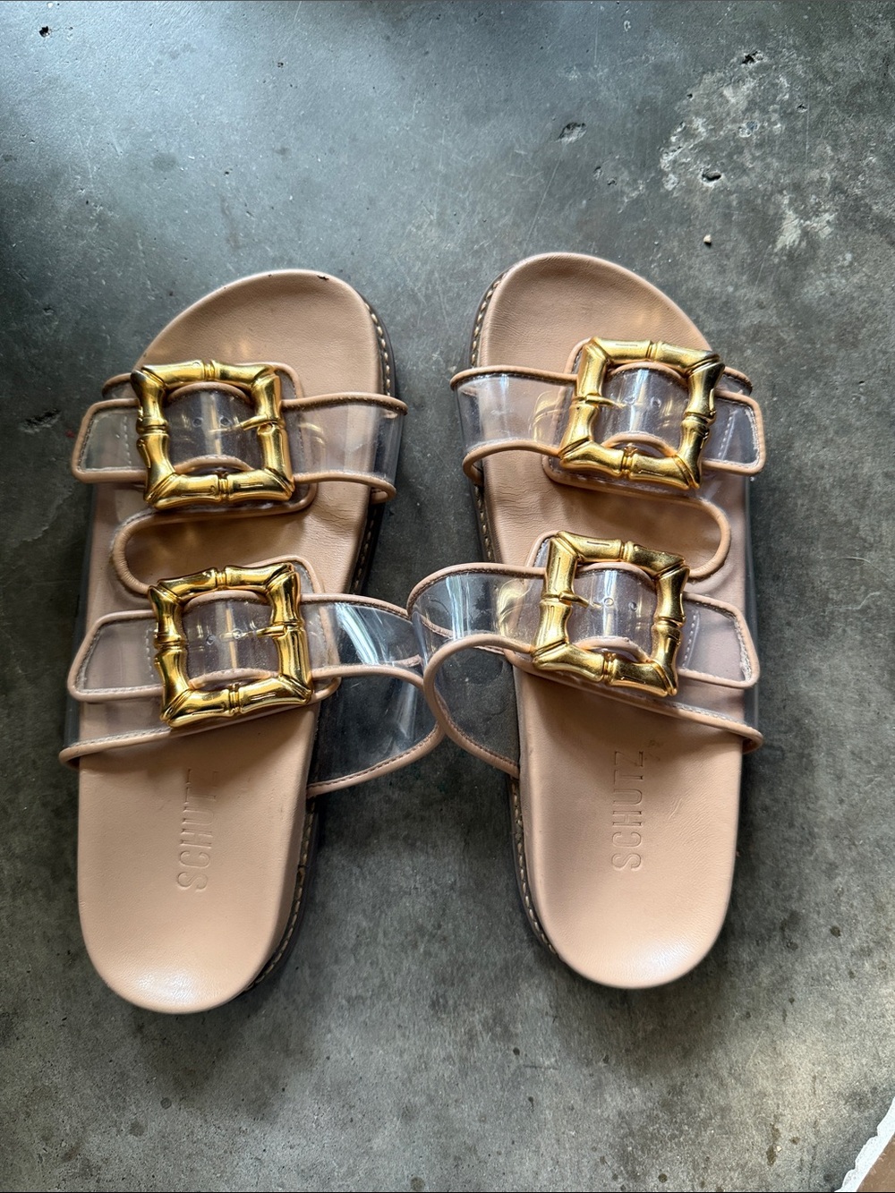 SCHUTZ Nude Clear-Strap Slide Sandals with Gold Buckle Accents